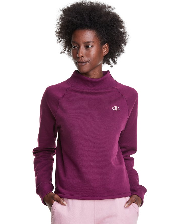 Champion Womens Sweatshirt NZ - Powerblend Fleece Mock Neck Embroidered Logo Dark Purple ( 4076-PONC